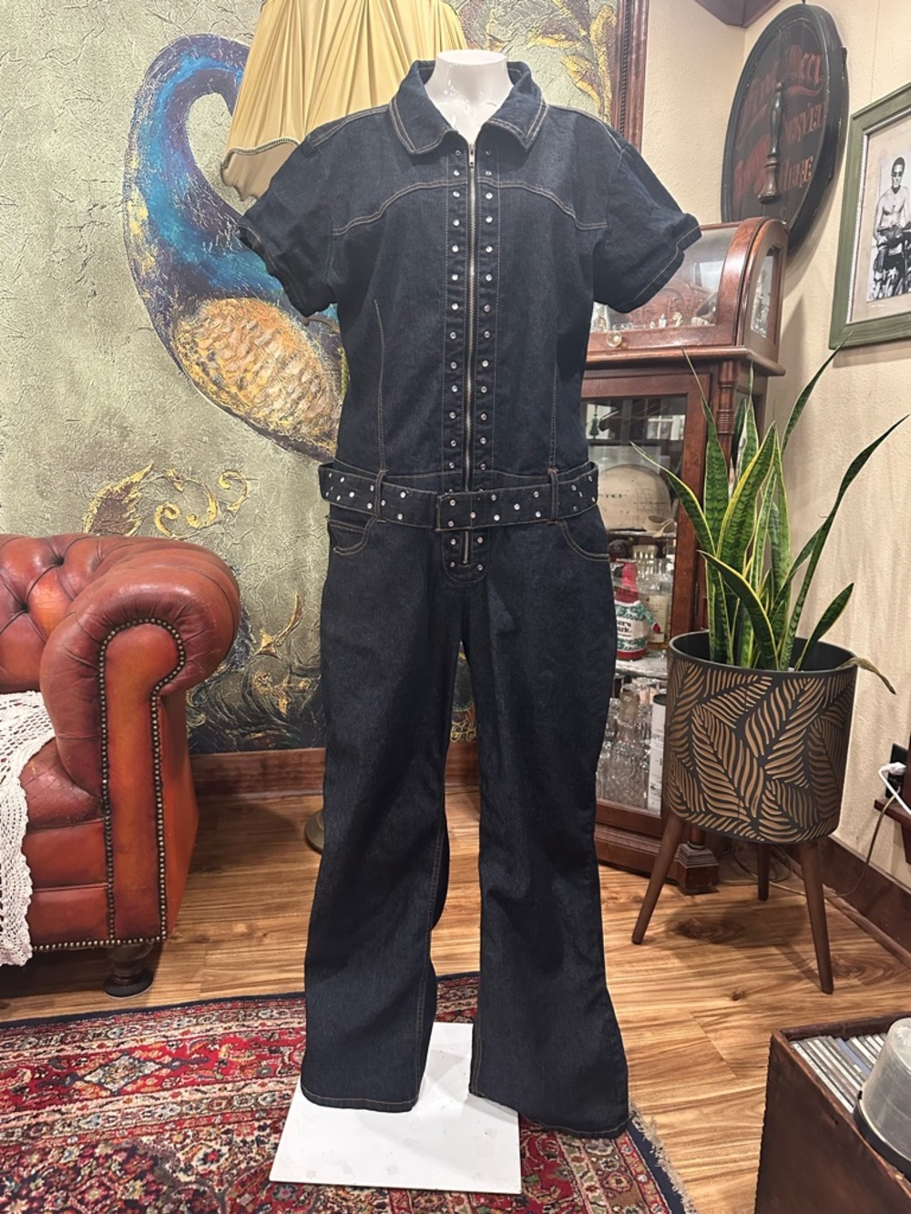 Goddess Plus Size 18 Denim Jumpsuit Rhinestone Belted Western Boho Y2K Flare XL - Picture 3 of 14